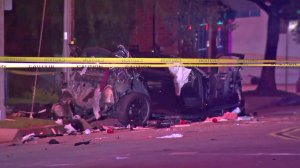 A Dodge Challenger driven by a suspected DUI driver is seen in Pasadena on Oct. 15, 2018. (Credit: KTLA)