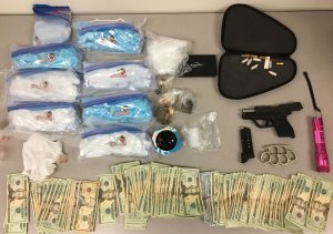 Deputies seized more than 7 pounds of methamphetamine, half a pound of heroin, a gun and cash from an AB 109 probationer in Santa Maria in Oct. 12, 2018. (Credit: Santa Barbara County Sheriff's Office)