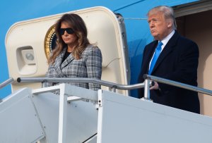 President Donald Trump and First Lady Melania Trump disembark from Air Force One upon arrival at Pittsburgh International Airport in Pittsburgh, Pennsylvania, Oct. 30, 2018, as they travel following the shooting at the Tree of Life Synagogue. (Credit: SAUL LOEB / AFP)        (Photo credit should read SAUL LOEB/AFP/Getty Images)