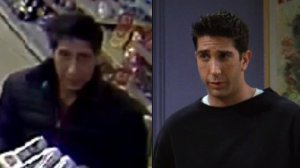 At left, a robbery suspect is seen in a still from surveillance footage released Oct. 23, 2018, by Blackpool Police. At right, actor David Schwimmer portrays Ross Gellar in long-running sitcom "Friends" in an image obtained by CNN.