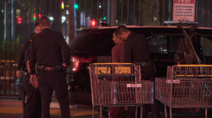 A vandalism suspect is detained outside a McDonald's in East Hollywood on Sept. 26, 2018. (Credit: KTLA)