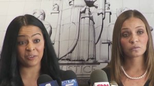 Tasha Schwikert, 33, a former Olympic gymnast, and her sister, Jordan Schwikert, 32, a former elite college gymnast and current coach, speak about their lawsuits against USA Gymnastics and the U.S. Olympic Committee over sexual abuse by doctor Larry Nassar, during a news conference in Los Angeles on Oct. 29, 2018. (Credit: KTLA)