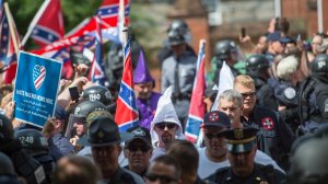 White nationalists arrive for a rally calling for the protection of Southern Confederate monuments in Charlottesville, Virginia on July 8, 2017. (Credit: ANDREW CABALLERO-REYNOLDS/AFP/Getty Images)