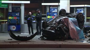A passenger died and the driver was seriously hurt after a car slammed into a gas pump in Azusa on Nov. 18, 2018.