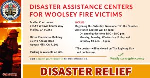 This graphic provided by Los Angeles County officials advertises disaster relief centers for those affected by the devastating Woolsey Fire in November 2018.