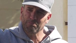 Jason Coffman tearfully speaks with reporters in Thousand Oaks after learning of the death of his son, Cody, on Nov. 7, 2018. (Credit: KTLA)