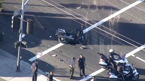 A Gardena Police Department motorcycle officer was critically injured in a crash on Nov. 14, 2018. (Credit: KTLA)