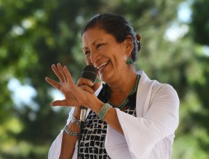 Deb Haaland speaks in Albuquerque, New Mexico on Oct. 1, 2018. (Credit: MARK RALSTON/AFP/Getty Images)