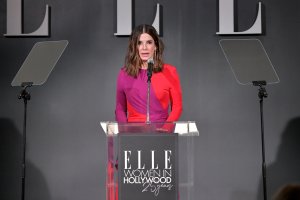 Sandra Bullock speaks onstage at ELLE's 25th Annual Women In Hollywood Celebration presented by L'Oreal Paris, Hearts On Fire and CALVIN KLEIN at Four Seasons Hotel Los Angeles at Beverly Hills on October 15, 2018. (Credit: Neilson Barnard/Getty Images for ELLE Magazine)