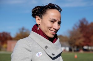 Sharice Davids speaks to members of the media after casting her ballot on Nov. 6, 2018 in Shawnee, Kansas. (Credit: Whitney Curtis/Getty Images)