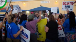 Protesters confront each other outside the Broward County Supervisor of Elections office on Nov. 9, 2018, in Lauderhill, Florida. Both the gubernatorial and Senate races are now heading to a recount. (Credit: Saul Martinez/Getty Images)