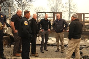 Gov. Jerry Brown and FEMA Adminstrator Brock Long and Secretary of the Interior Ryan Zinke tour a school burned by the Camp Fire on November 14, 2018 in Paradise. (Credit: Justin Sullivan/Getty Images)