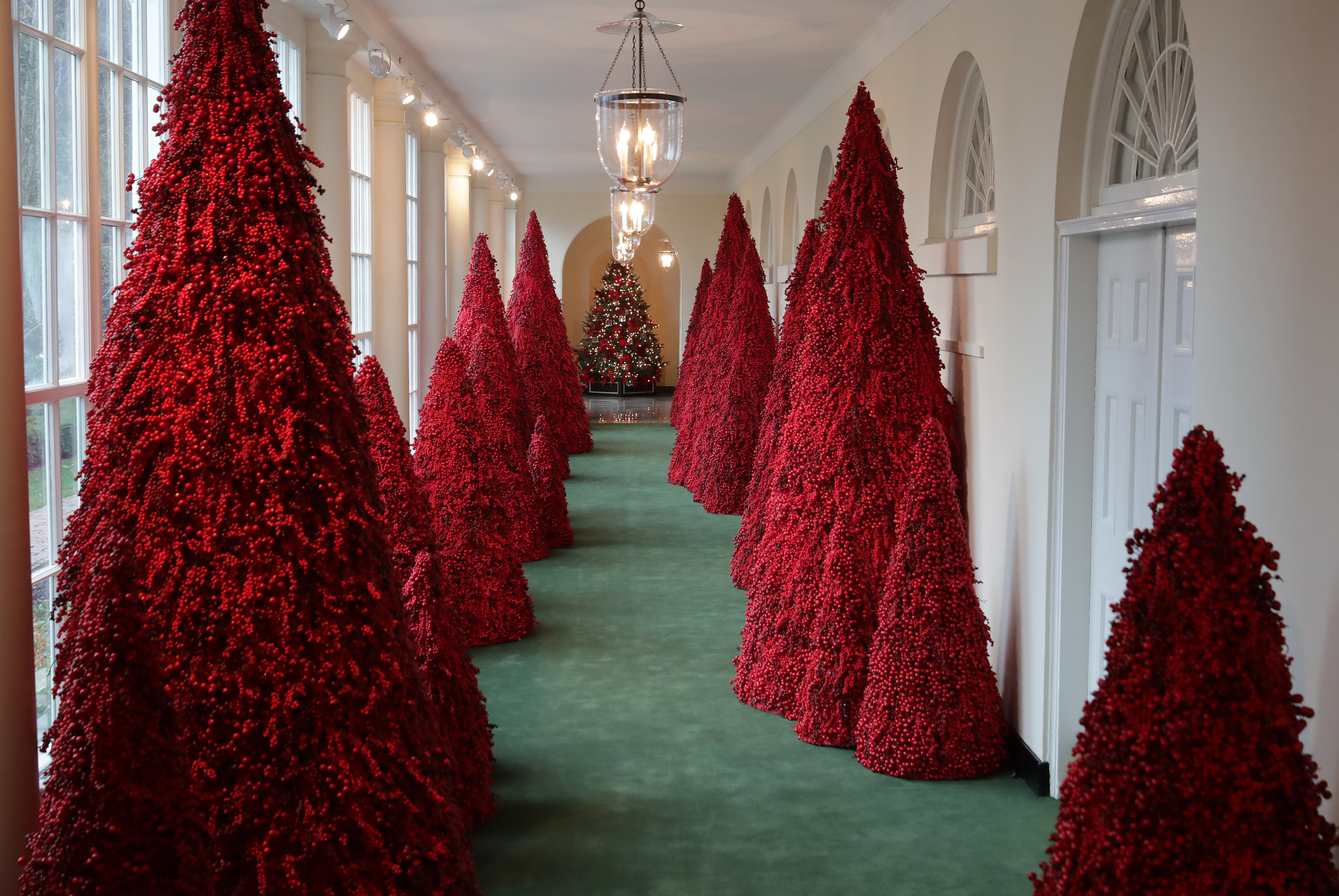 More than 40 red topiary trees line the East colonnade as part of the holiday decorations at the White House November 26, 2018 in Washington, DC. (Credit: Chip Somodevilla/Getty Images)