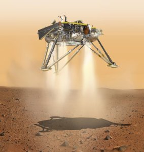 An artist's rendering shows the InSight Mars rover as it would appear moments ahead of its landing on the red planet. (Credit: NASA's Jet Propulsion Laboratory)
