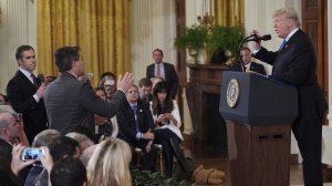 President Donald Trump gets into a heated exchange with CNN chief White House correspondent Jim Acosta on Nov. 7, 2018. (Credit: MANDEL NGAN/AFP/Getty Images)