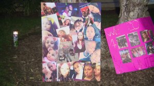 Photos of two sisters who died in a shooting and arson fire at their Westchester apartment on Nov. 17, 2018, are displayed at a vigil on Nov. 18, 2018.