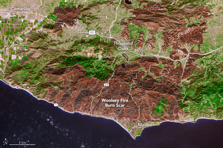 An enhanced infrared image released by NASA on Nov. 18, 2018 shows vegetation burned by the Woolsey Fire in Southern California.