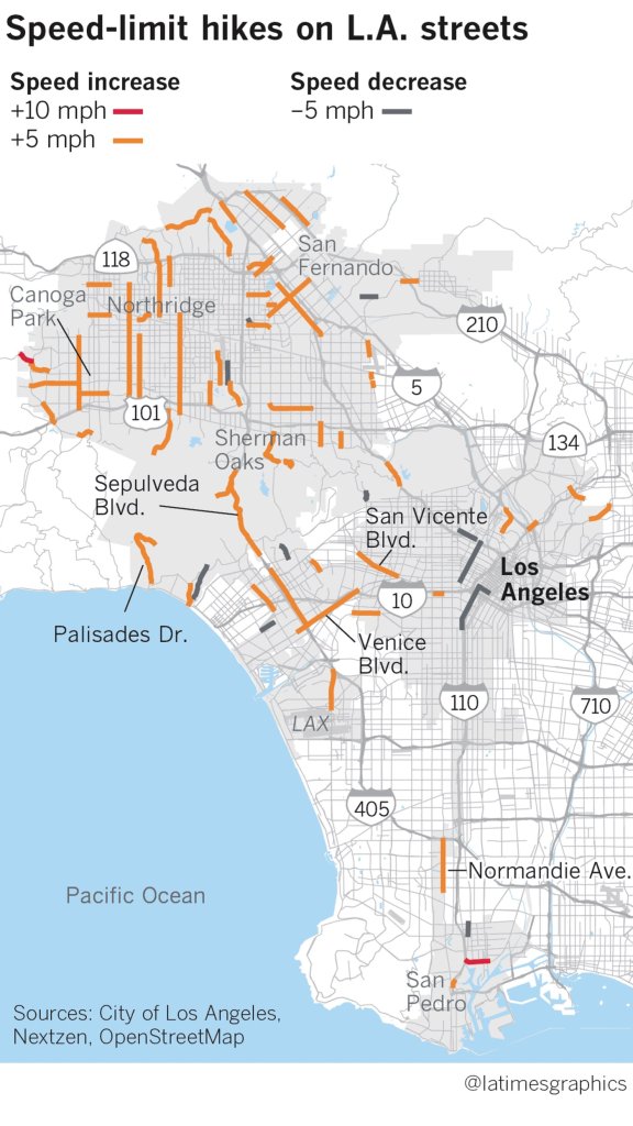 A map shows speed-limit hikes on Los Angeles streets in 2018. (Credit: Los Angeles Times)