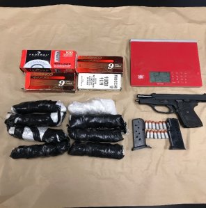 Packages of meth and a reported stolen gun are seen after being seized from a home in Santa Maria on Dec. 19, 2018. The Santa Barbara County Sheriff's Office released the photo on Dec. 21, 2018. 