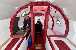 The interior of the large barrel that Jean-Jacques Savin, a 71-year-old Frenchman, will use to sail across the Atlantic Ocean is seen here. He departed from the Canary Islands in late December 2018 and hopes to reach the Caribbean by March 2019. (Credit: Georges Gobet/AFP/Getty Images via CNN)