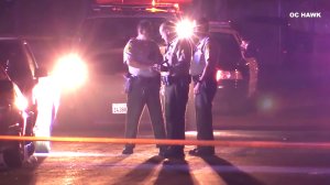 Los Angeles County Sheriff's Department deputies investigate a shooting at Pioneer Park in San Dimas on Dec. 23, 2018. (Credit: OC HAWK)