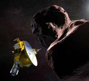 An artist's rendering depicting NASA's New Horizons space probe encountering Ultima Thule, at the edge of the solar system about 4 billion miles away. (Credit: NASA)