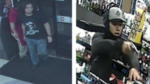 A robbery suspect police are calling the "Silver Revolver Bandit," pictured in surveillance camera images from crimes that took place Sept. 9 in Riverside (left) and Dec. 5 in Riverside (right). He's also suspected in three additional armed robberies. (Credit: Riverside Police Department)