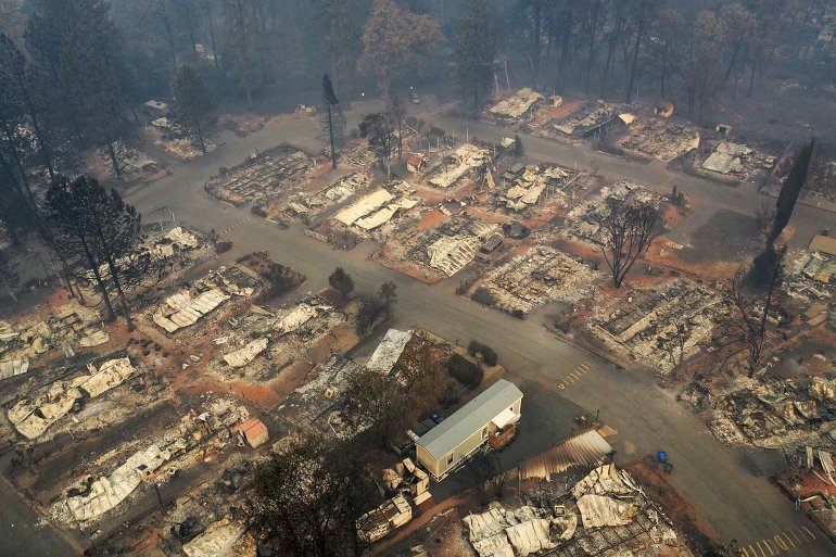 A Paradise neighborhood destroyed by the Camp Fire is seen in an aerial view on Nov. 15, 2018. (Credit: Justin Sullivan / Getty Images)