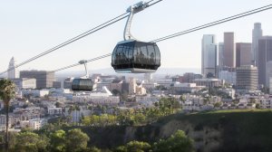 A rendering of the proposed Dodger Stadium gondola project. (Credit: Aerial Rapid Transit Technologies)