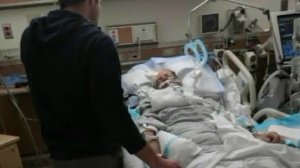 Keith Jackson, who was struck while cycling along La Tuna Canyon in Sun Valley on Dec. 9, 2017, is seen being hospitalized after the near fatal crash in this undated image provided to KTLA by his family.