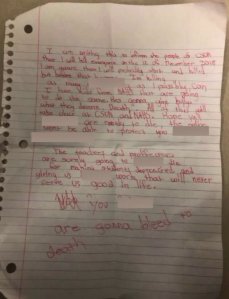 The note, found at CSUN on Dec. 10, 2018, was sent to KTLA by several students. 