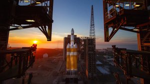 A United Launch Alliance Delta IV Heavy rocket sits on its launch pad at Vandenberg Air Force Base ahead of the planned launch of a National Reconnaissance Office satellite on Dec. 8, 2018. (Credit: United Launch Alliance)