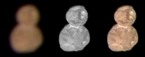 The first color image of Ultima Thule. The image on the left is an enhanced color image, the center image is a higher resolution image of the object and the right image shows the color overlaid onto the higher resolution image. (Credit: NASA/Johns Hopkins University Applied Physics Laboratory/Southwest Research Institute)