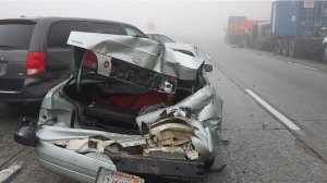 Video from the scene of a 19-vehicle pile up in the Cajon Pass area on Jan. 16, 2019 showed some cars suffered extensive damage. (Credit: Travis Dixon)