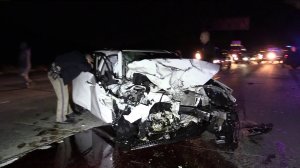 Wreckage of a car is seen after a wrong-way crash on the 91 Freeway. (Credit: KTLA)