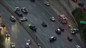 A crash on the 101 Freeway south of Lankershim Boulevard at left one person dead on Jan. 12, 2019.