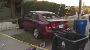 A Honda Civic that had been driven by a man fleeing police is seen after it crashed in Eagle Rock on Jan. 2, 2019. (Credit: KTLA)