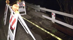 A portion of Mannix Drive is seen after it collapsed in Laurel Canyon and the hillside underneath slid down on Jan. 17, 2019. (Credit: KTLA)