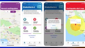 Interfaces of ShakeAlertLA app are seen in a screenshot taken from the Apple's App Store on Jan. 3, 2019.