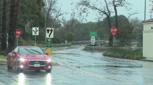 The entrance of the 101 Freeway in Montecito is shown amid a powerful rainstorm in the community on Jan. 17. 2019. (Credit: KTLA)