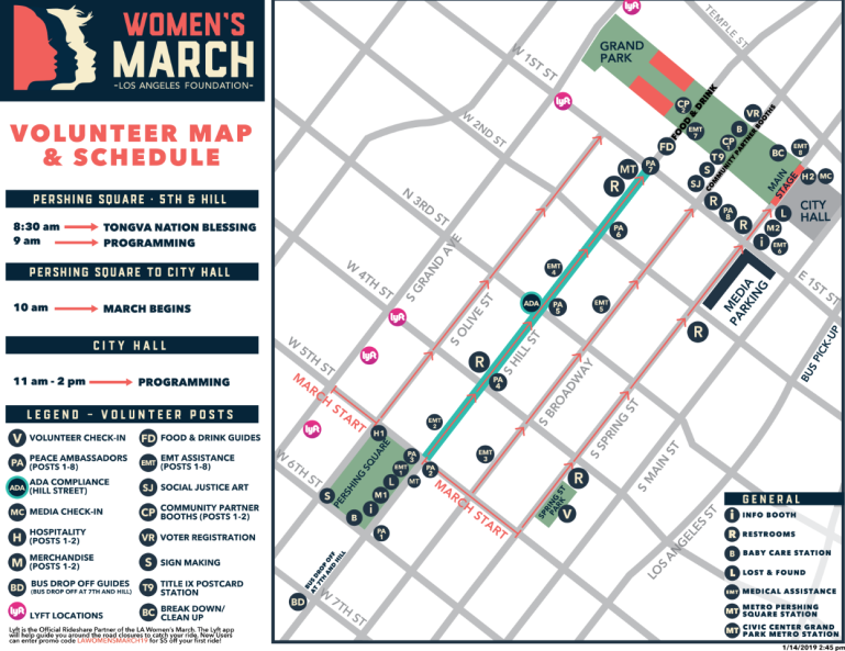 The Women's March LA Foundation posted this map of the Women's March route in downtown Los Angeles on Jan. 19, 2019.