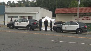 Police cordon off the scene where a woman was found dead along Hyperion Avenue in Silver Lake on Jan. 16, 2019. (Credit: KTLA)