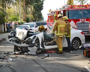 A vehicle is seen in Northridge following a deadly crash on Jan. 26, 2019. (Credit: Los Angeles Fire Department)