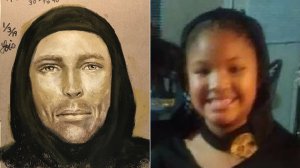 Jazmine Barnes, at right, and a suspect sketch of the man who killed her are seen in images released by the Harris County Sheriff's Office.