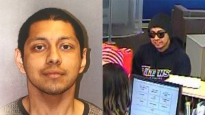 Marco Antonio Arrango, 23, of San Marcos (left), pictured in a booking photo released by the Newport Beach Police Department following his arrest on Feb. 21, 2019. At right, a man alleged to me Arranga is seen in a surveillance image carrying out a bank robbery in Newport Beach on Feb. 8, 2019. (Credit: Newport Beach Police Department)