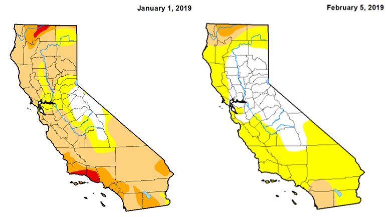 U.S. Drought Monitor maps show California on Jan. 1, 2019 and Feb. 5, 2019.