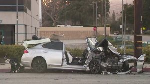 The scene of a collision in Chatsworth on Feb. 17, 2019. (Credit: KTLA)