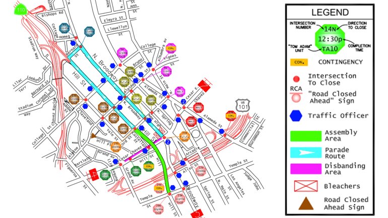 A map shows the street closures for the Golden Dragon Parade on Feb. 9, 2019. (Credit: Los Angeles Department of Transportation)
