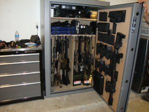 A gun cache found in the Sierra Madre home of Vasken Kenneth Gourdikian, who was then a Pasadena police lieutenant, is seen during a raid of his home on Feb. 16, 2017. (Credit: Bureau of Alcohol, Tobacco, Firearms and Explosives)