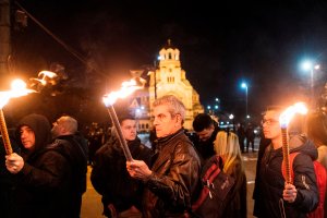 Members of nationalist organizations parade with torches during a march to commemorate Bulgarian General and politician Hristo Lukov, in the centre of Sofia on February 16, 2019. (Credit: DIMITAR DILKOFF/AFP/Getty Images)